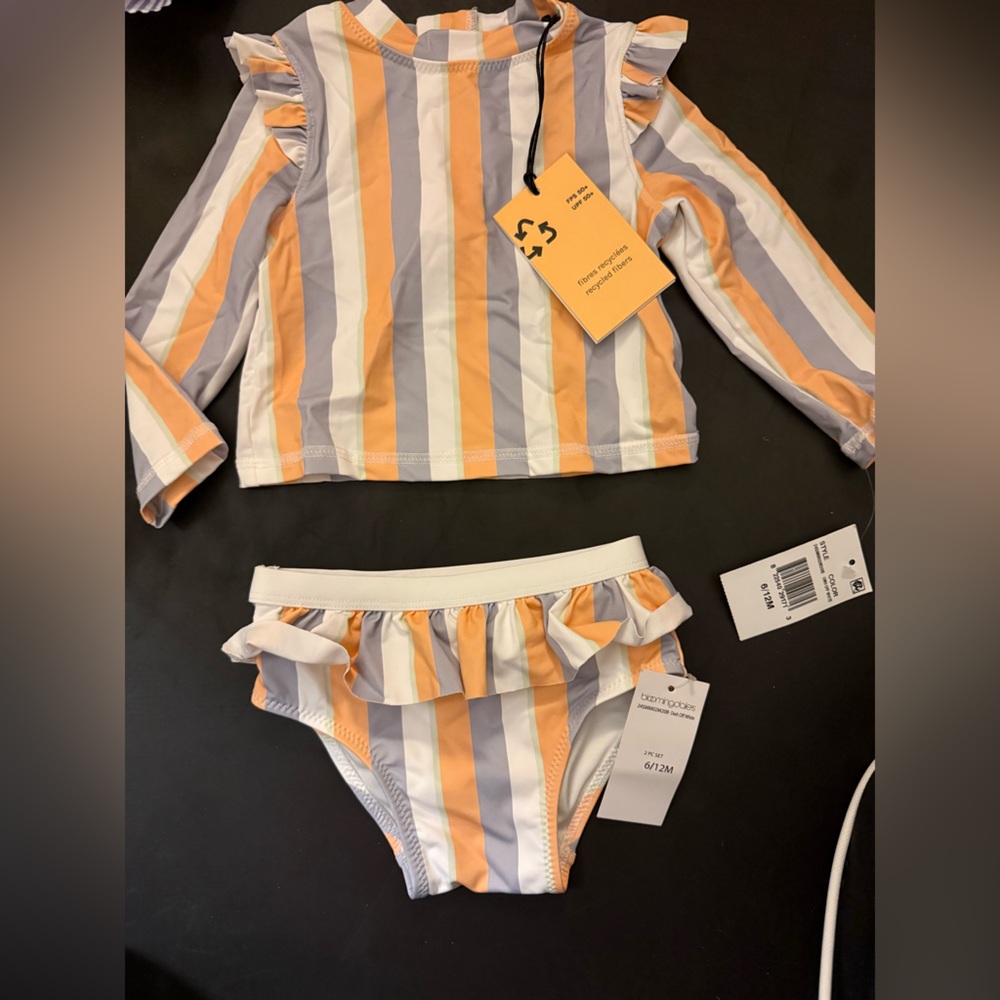 NWT - miles the label - Multistripe Long-Sleeve Rashguard Swim Set - 6-12 month